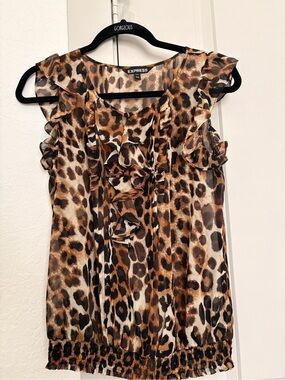 Express Leopard Ruffle Shell Top in Brown and Black